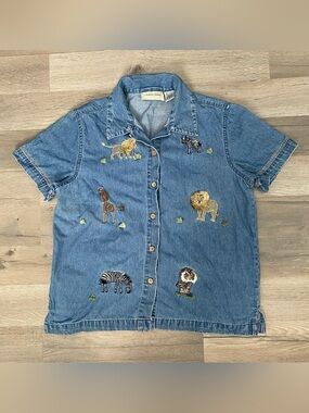 Vintage Lemon Grass Denim Cotton Safari Animal Embroidered Short Sleeve Shirt